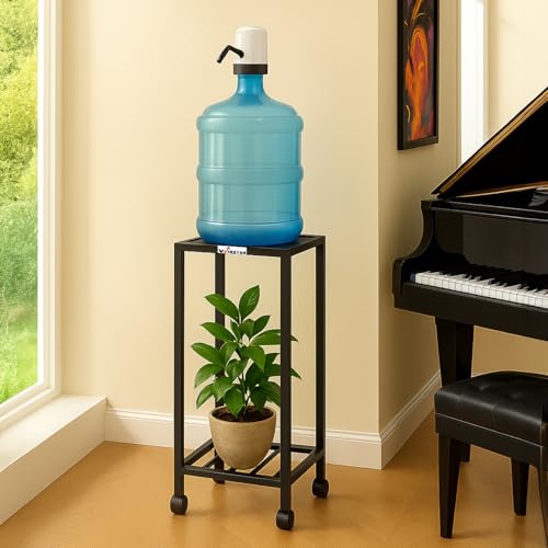 Image of WINSTAR Premium 2-Tier Metal Water Dispenser Stand for 20~25 Litre Bottle, Cans Or Jars with Lockable Wheels | Heavy Duty Multifunctional Metal Frame Cart | (Black)