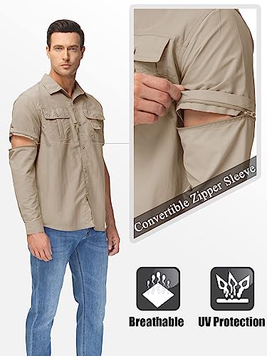 Tacvasen Mens Solid Convertible Zipper Sleeve Tactical Short Long Sleeve Shirt Khaki, L #TOP2