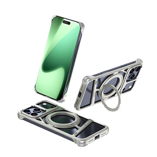 IPhone 17 Pro Max / 17 Pro 用 マグネットメタルケース アルミ合金フレームレスデザイン 360°回転スタンド付き 放熱構造 超薄型 衝撃吸収 保護カバー(Titanium,17 Pro)