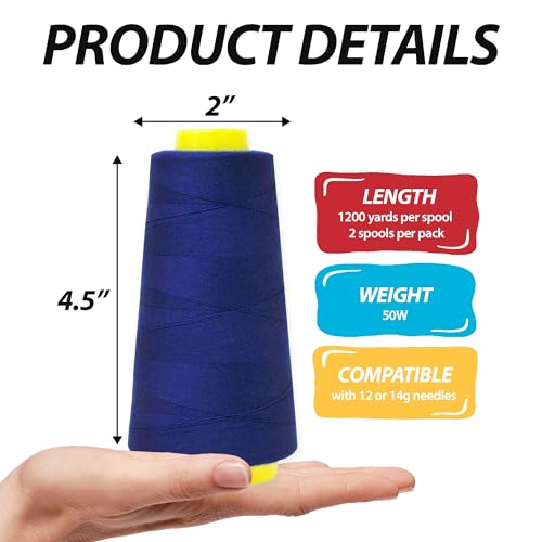 Image of Mandala Crafts Blue Thread Cones for Machine and Hand Quilting - 2400 Yds 50 WT Multiple Purpose Mercerized 100% Cotton Threads for Sewing Machine Serger Embroidery
