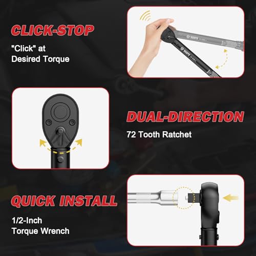 VANPO 1/2" Llave Dinamométrica 20-220Nm, 72 Dientes Moto y Coche Llave Dinamométrica Set 3 Piezas con Barra de Extensión de 125cm, 1/2"-3/8" Adaptador, para Reemplazo de Llantas - Imagen 4