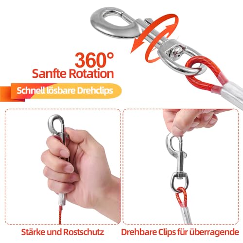 Mi Metty Tie-Out Leinen für Hunde,3m Kausichere Hundeleinen,Tie Out Cables Hofleine Für mittlere bis große Hunde(Rot,10ft-3M)