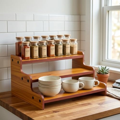 Image of 13.8-Inch Wooden 3-Tier Spice Rack Organizer, Countertop Step Shelf for Kitchen Pantry Cabinets, Seasoning Jars, and Baking Supplies