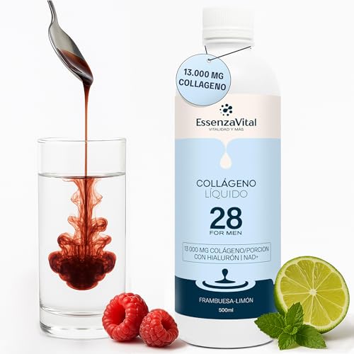 EssenzaVital 28 Colágeno Líquido | 13.000 mg/25 ml de Colágeno Hidrolizado Bovino con NAD+ y Ácido Hialurónico | Bienestar de Piel, Cabello, Uñas, Articulaciones | 500 ml (Para Hombre)