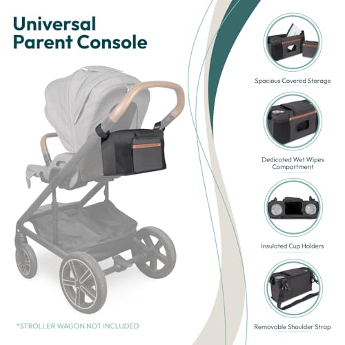 WONDERFOLD Parent Console Stroller Organizer with 2 Insulated Cup Holders, Hook and Loop Closure Handle Attachment, 2 Storage Pockets, and Removable Shoulder Strap for Easy Transport, Volcanic Black