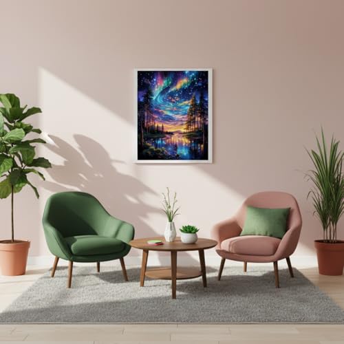 Image of HASTHIP DIY Paint By Numbers for Adults and Kids, Fantasy Aurora Night Sky Forest Landscape Wall Decor, Beginners Pre-Outlined Acrylic Number Painting Canvas for Home Decor, 40x50cm