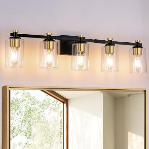 Anicompa Bathroom Vanity Light 5 Light, Black and Gold
