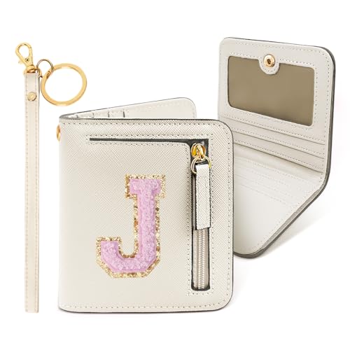 Image of COSHAYSOO Initial Wallet RFID Small Bifold Slim Letter Wallet for Women Teenager Girls Travel Daily Necessities Credit Cards Money Cash Coin Organizer, Off White, Compact, J