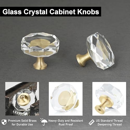 Image of QOGRISUN 10-Pack Brass Crystal Cabinet Knobs,Glass Crystal Gold Drawer Knobs,1-1 /4-Inch Polygon,Decorative Dresser Pulls, Modern Cabinet Hardware