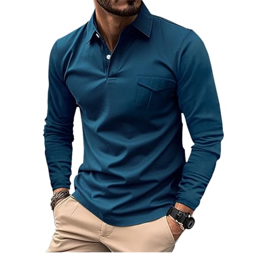 Men's Casual Polo Shirts Classic Long Sleeve Button Polo T Shirt Basic Solid Color Golf Shirts with Pocket