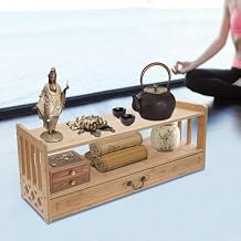 Bamboo Meditation Storage Table Farmhouse Style Coffee Table with Drawer Multifunctional Altar Table Desktop Organizer Furniture for Home Living Room Reception Room Office, Wood Color