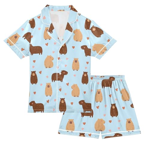 Cute Capybara Drawing Blue Summer Satin Pajama Set, Cute Button-Down Sleepwear Pj Set for Sleep Wears