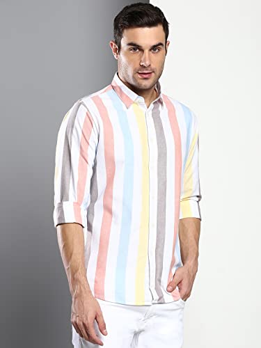 Image of Dennis Lingo Men's Striped Slim Fit Oxford Cotton Casual Shirt with Spread Collar & Full Sleeves