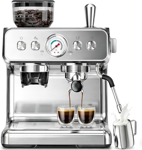 Kismile Espresso Machine with Grinder, 20 Bar Expresso Coffee Machines with Milk Frother, 58mm Expresso Machines for Home, Perfect for Cappuccino & Latte, Silver(2026 Upgrade)