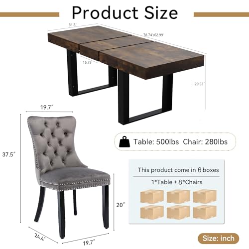 Image of Rustic Brown Dining Room Table Set for 8, 9-Piece 63 inch-78.74 inch Extendable Dining Table Set with 8 Upholstered Chairs, Rectangle Wooden Expanding Kitchen Table and Grey Chairs Set