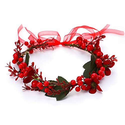 Unicra Weihnachtskrone Stirnband Blumengirlande Stirnband Rot Haarkranz Girlande Weihnachten Haarschmuck mit Band Party Festival Geschenk für Frauen und Mädchen Cover