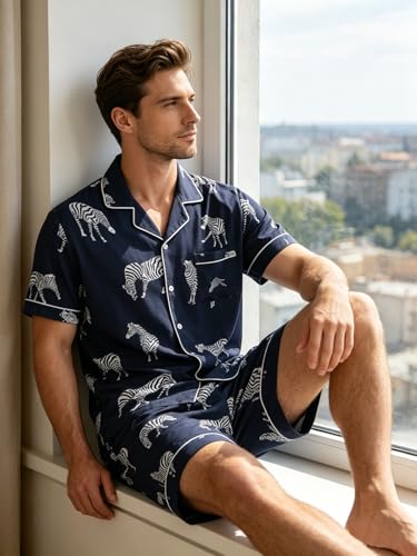 Image of Mens Pajamas Set Short Sleeve Sleepwear Summer Pjs Button Down Pijamas Set Modal 2PCS Pj Set with Pockets, Navy Zebra-XL