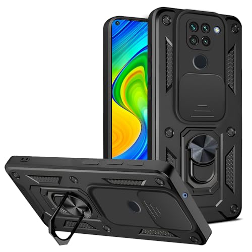 Image of AESTMO Tough Armor Redmi Note 9 Bumper Back Case Cover | Ring Holder & Sliding Camera Shield Cover | 360 Degree Protection Back Case Cover for Redmi Note 9 (Black)