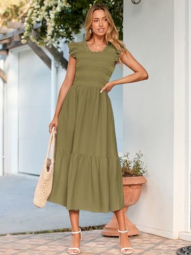 Image of Simplee Womens Summer Midi Dress Casual Boho Smocked Waist Flutter Sleeve A Line Flowy Tiered Dress with Pockets