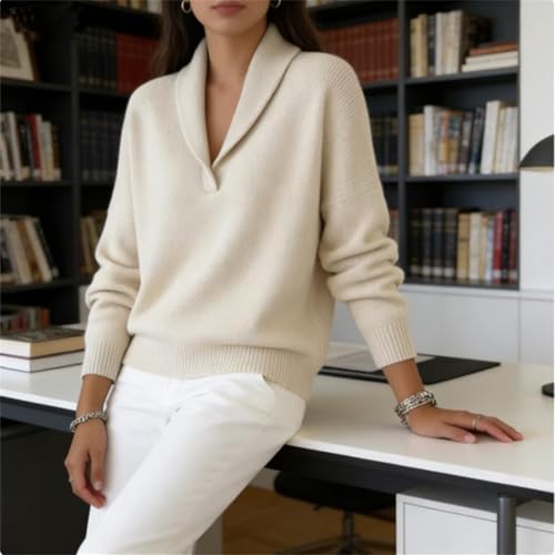 Polo de manga larga para mujer con cuello chal retro en V estilo casual años 80 6