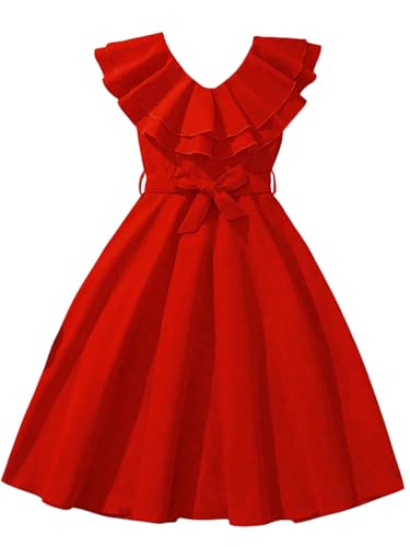 Floerns Girl's Summer Ruffle Layered Sleeveless V Neck Bow Tie A Line Short Dresses