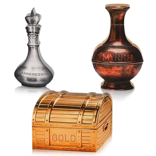 Leinuosen 3 Pcs Wooden Wisemen Gifts Set Flat Gold Frankincense and Myrrh Christmas Stage Props Decoration Nativity Costume Pageant Props Christmas Apparel Accessories(Classic)