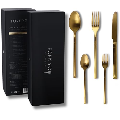 FORK YOU Bestekset goud mat (20-delig) voor 4 personen – incl. taartvorken – roestvrij staal 18/10, roestvrij & vaatwasmachinebestendig, hoogwaardig verpakt, cadeau-idee