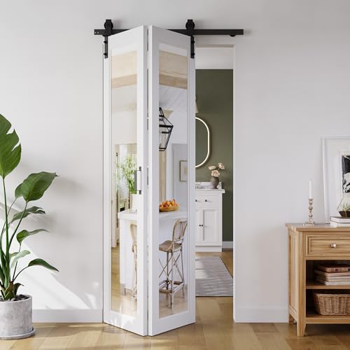 Bifold Barn Door 36'（18' x2） x 84', 1 Lites Mirror Panel with Sliding Hardware Kit Set, Pre-drilled Closet Door Slab, 40' Track for 2 Doors, MDF, White,Easy Installation