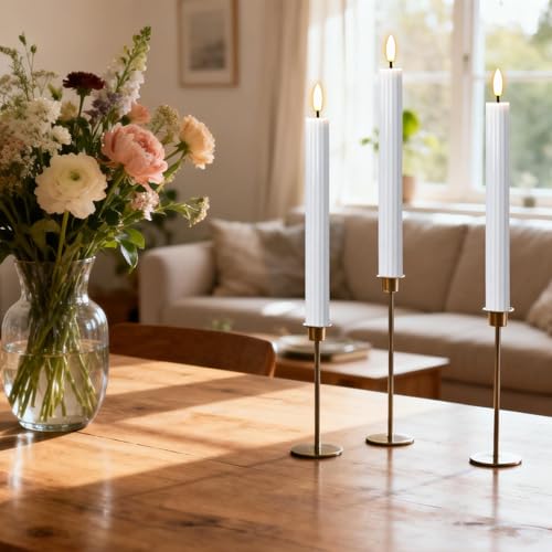 Image of White Flameless Flickering Taper Candles Battery Operated with Remote and Timer, 3D Wick Real Wax Vertical Stripe LED Candlesticks Spring Dinner Wedding Home Decor(3 Pack, 0.79 inch D x 9.8 inch H)