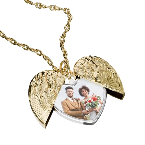 Charmify Personalised Envelope Locket Necklace – Custom Engraved Message Jewellery Keepsake Gift Women&Girls, Anniversary Birthday Valentines Christmas, Personalised Necklace (Gold Heart Wings)