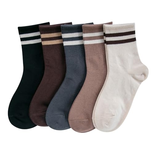 Image of Deeorla Womens Striped Crew Socks Brown Vintage Retro Athletic Socks 5 Pairs