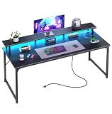 PRAISUN 55 inch Gaming Desk, LED & Power Outlets, Monitor Stand, Black