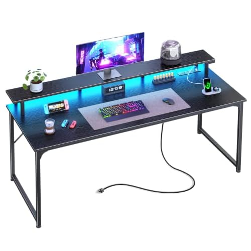 PRAISUN 55 inch Gaming Desk, LED & Power Outlets, Monitor Stand, Black