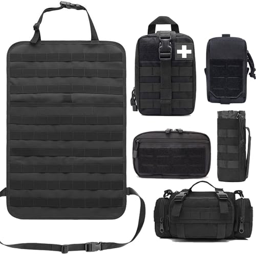 Upgrade Tactical Molle Seat Back Organizer with 5 Detachable Pouches, Universal Car Seat Back Bag Vehicle Organizers Panel Protector for Car Truck Jeep Vehicle (Black)