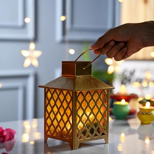 Image of MARKET 99 Metal & Glass Lantern Candle Holder with Yellow Glass | Decorative Hanging & Tabletop Lantern for Diwali, Christmas, Weddings & Festive Home Decor | Golden & Yellow Finish