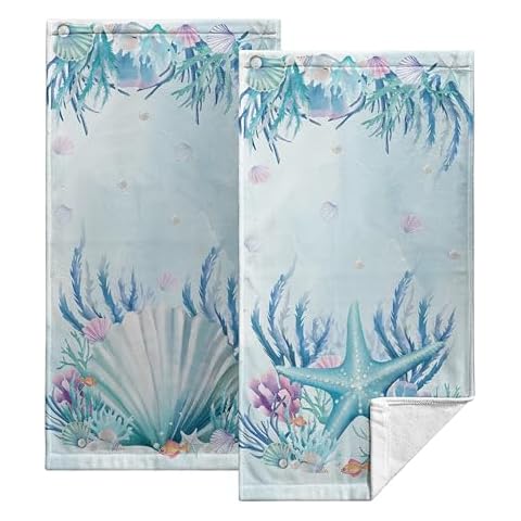 Kwlegh Set of 2 Summer Ocean Hand Towels Blue Beach Starfish Pearl Scallop Seashells Kitchen Towels Seaweed Coral Bathroom Towels Absorbent Fingertip Towels 14.4x28.3 for Hotel Pool Guest Cover
