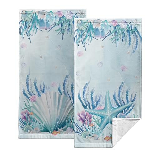 Kwlegh Set of 2 Summer Ocean Hand Towels Blue Beach Starfish Pearl Scallop Seashells Kitchen Towels Seaweed Coral Bathroom Towels Absorbent Fingertip Towels 14.4x28.3 for Hotel Pool Guest