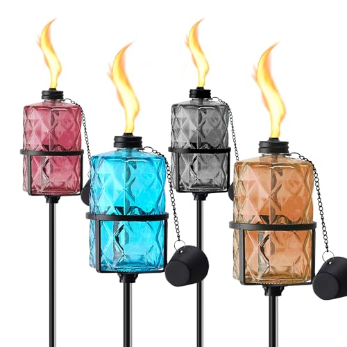 ZSPENG 4 Pack Colorful Glass Garden Torch 12 oz Outdoor Torch Garden Décor,60-Inch Upgraded Citronella Torches with 3-Prong Grounded Stake for Party Patio Pathway