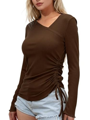 Image of BDUCK+ Women's Long Sleeve Shirts 2025 Fall Casual Basic Tops Rib Knit Off Shoulder Drawstring Going Out Slim Fit Top, Brown, XL