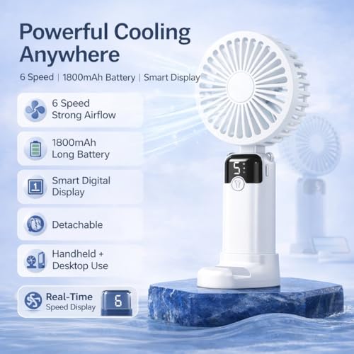 Image of One94Store Rechargeable Handheld Fan with 1800mAh Battery, 4-5 Hours Battery Backup, 6 Speed Touch Control, Portable Mini Fan with Mobile Stand for Travel, Office, Home & Outdoor Use (White)