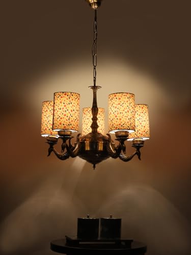 Image of Devansh 05-Light Round Printed Multicolor Cotton Shade Chandelier - Antique Golden Finish | Adjustable Cord | Warm Glow Lamp - Ceiling Light for Living Room, Dining Area, BedroomDecor - D12