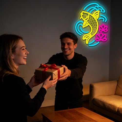 Image of Koi Fish Neon Sign for Wall Decor Japanese LED Light for Man Cave | Dimmable, japanese style wall art, living room decor, bar ornament, party decor, ideal birthday gift, size 13.7*12.2 In