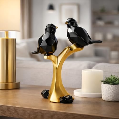 Image of Xtore Striking Geometric Bird Pair Sculpture for Home & Office Decor | Modern Black & Gold Perched Birds Showpiece for Living Room, Shelf & Table Styling (22 cm)