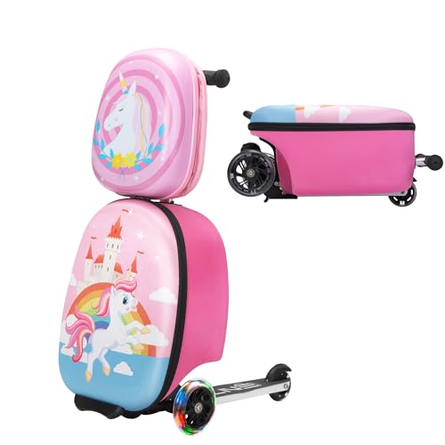 VLIVE Scooter Luggage w/Backpack 2-in-1 Set For Girls Ages 4-8, Durable EVA Kids Ride On Suitcase Multi-functional Lightweight Foldable Carry On Luggage With Wheels Ride On For Children（Mermaid）