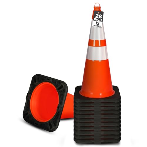 Pyle Traffic Cones, 12-Pack PVC with Heavy-Duty Base, 28' High-Visibility Safety Cones with Stackable Design for Parking, Roadwork, Construction Zones, Sports Training & Outdoor Weather-Resistant Use