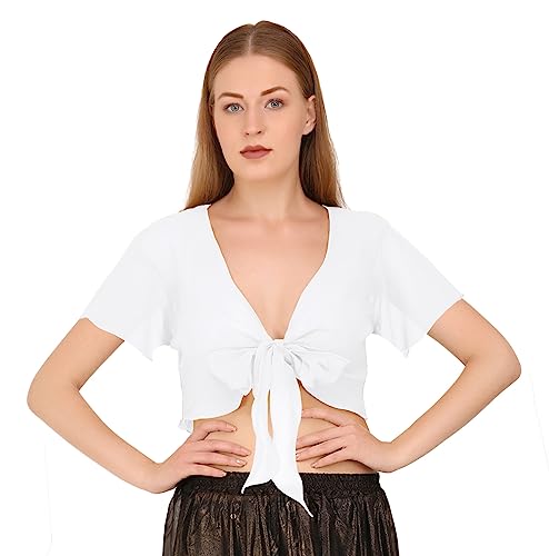 Image of Indian Trendy Women's Chiffon Short Sleeve Tie Top Choli Blouse Belly Dance Gypsy Tie Front Cardigan Tops