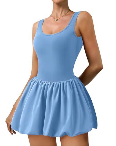 Athletic Dress for Women Bubble Hem Tennis Dress with Pockets U Neck Sleeveless Dress with Built in Shorts Light Blue