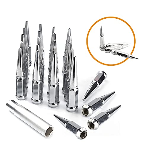 Image of 24PCS 4.4 inch Length 14x1.5 Chrome Wheel Spike Lug Nuts,Cone /Conical Bulge Seat,Closed End Nuts with 1 Socket Key and Gift Set 4 Pcs Chrome Aluminum Tires Valve Stem Cover Caps