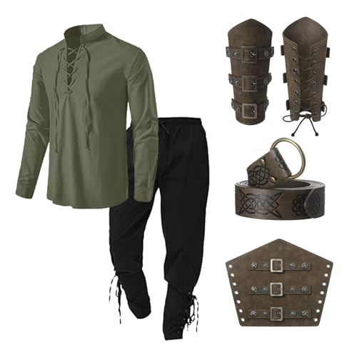 POIUIYQA Tunique Médiévale pour Homme Tunique Knight Jupe Cosplay Costume d'Halloween - Costume Médiéval Viking Renaissance Col Montant Costume de Pirate...