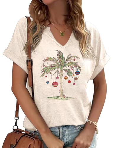 Womens V Neck Christmas Shirt Merry Christmas Holiday Graphic Tees Family Holiday Xmas T-Shirts Gift Tops(A Beach-Beige